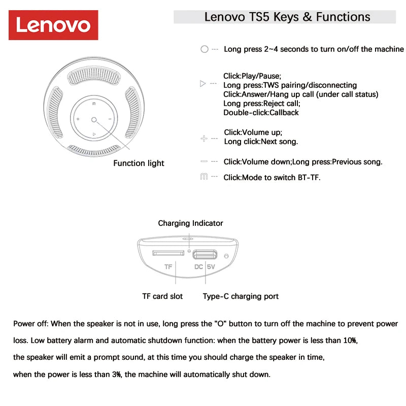Enceinte portable Lenovo TS5 bluetooth 5.3 vendu à l'unité ou par deux SOREBRAIN